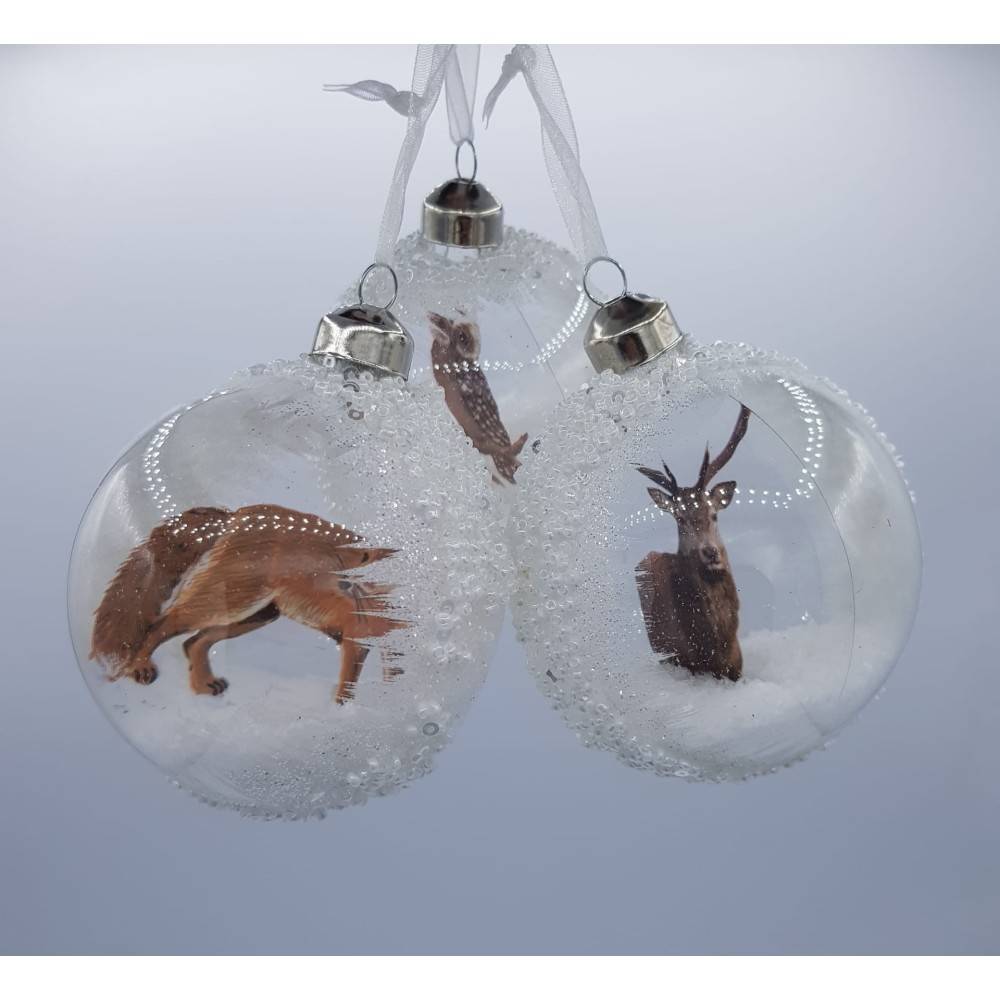 3 wintery white Christmas baubles