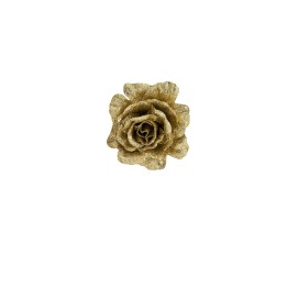 Rose dorée scintillante sur fond blanc, délicate et élégante.