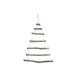 Een minimalistische hangende kerstboom van houten planken, in een natuurlijke stijl.