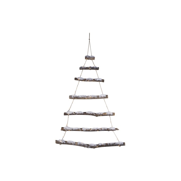 A minimalist wooden tree made of layered branches, suspended elegantly with twine.