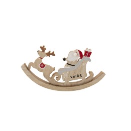 A whimsical wooden ornament of Santa and a reindeer on a sleigh, crafted in soft colors.