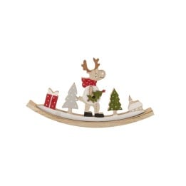 A wooden reindeer with a scarf stands among festive trees and gifts on a curved base.