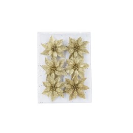 Zes gouden bloemen met glitters, gepresenteerd op een transparante achtergrond.