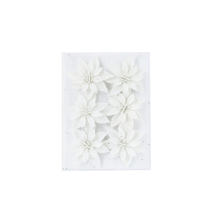 A textured white canvas adorned with six elegant, white flowers.