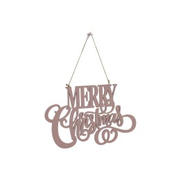 Roze houten kerstversiering met sierlijke letters, hangend aan een goudkleurig koord.