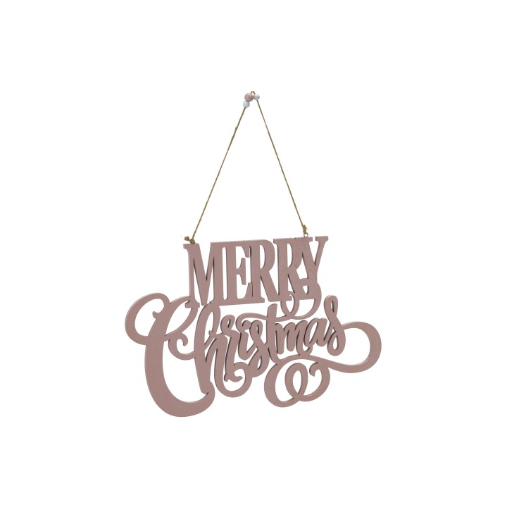 Décor en bois rose avec texte élégant "Merry Christmas" suspendu.