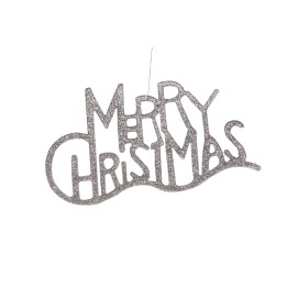 Sparkling silver decorative sign with playful lettering spelling "Merry Christmas."