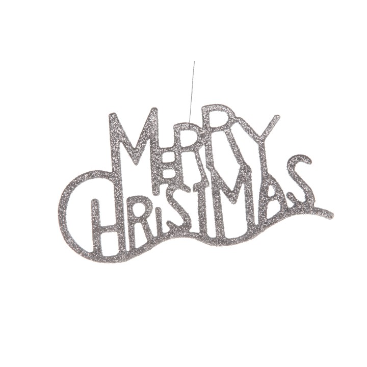Inscription scintillante « Merry Christmas » en lettres stylisées argentées.