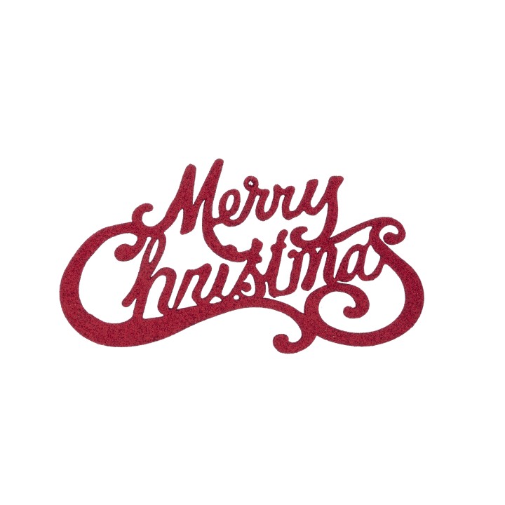 Rode glinsterende tekst met sierlijke letters, woorden "Merry Christmas" in een speelse stijl.