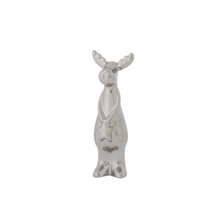 A shiny silver figurine of a moose with antlers, standing upright with a playful expression.