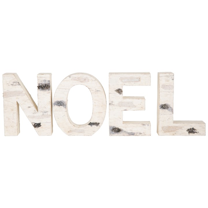 Lettres en bois clair et texturé formant le mot "NOEL" sur fond blanc.