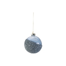Boule décorative bleu clair scintillante, moitié lisse, moitié pailletée argentée.