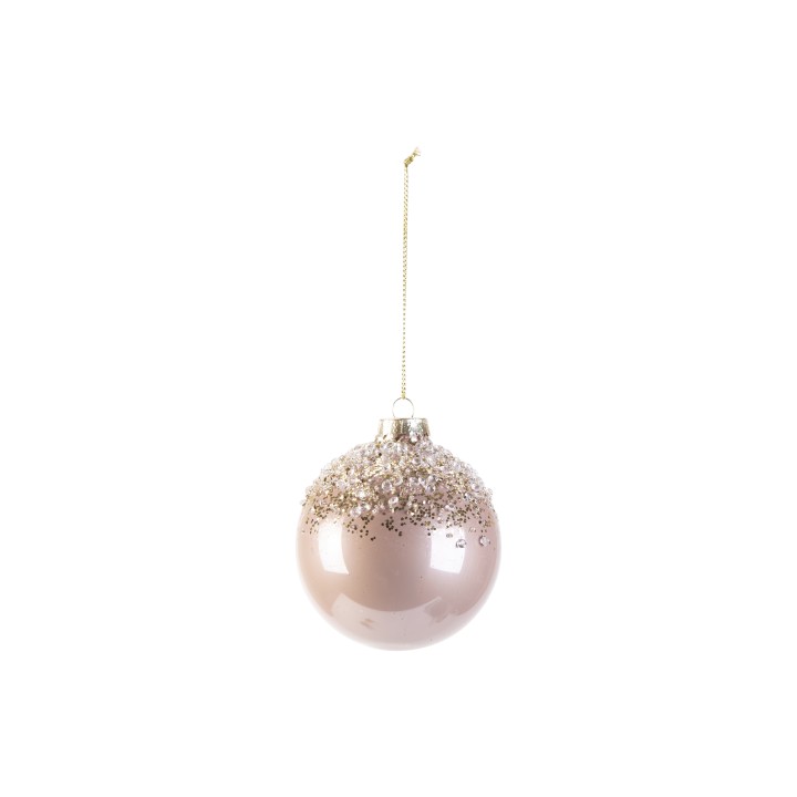 A pale pink ornament with a glittery silver top, hanging delicately from a gold string.