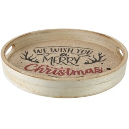 A round wooden tray with a rustic design, featuring festive text and antlers on burlap.