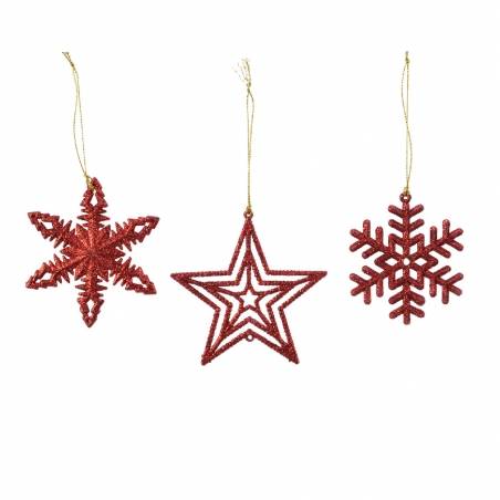 Trois décorations de Noël rouges en forme d'étoiles et de flocon, brillantes et festives.