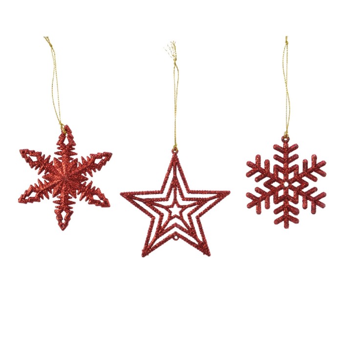 Drie kerstversieringen in rood, variërend van ster tot sneeuwvlok, met gouden hangers.