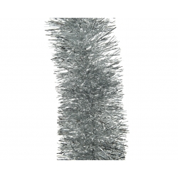 A shimmering silver tinsel strand with fine, metallic fibers.