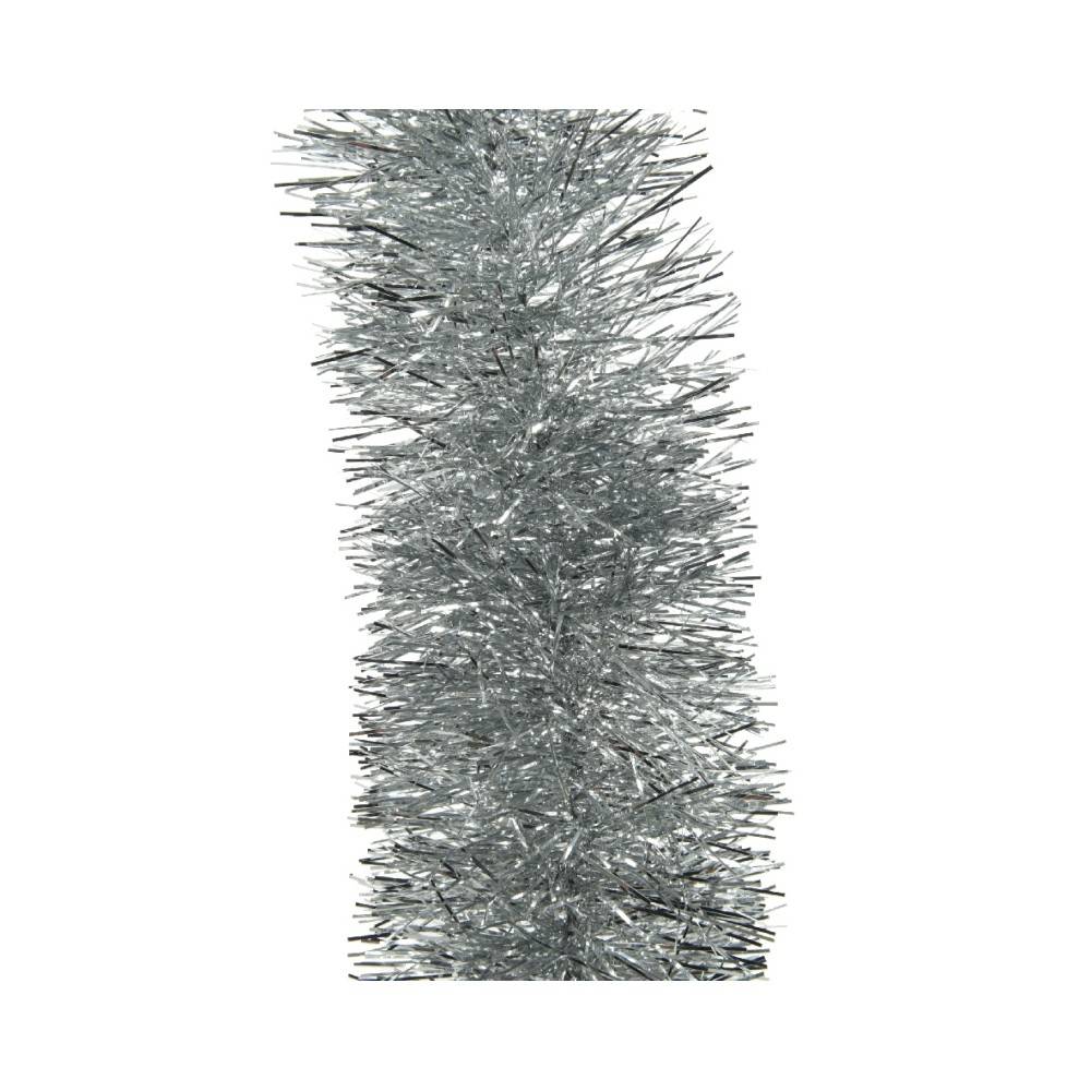 A shimmering silver tinsel strand with fine, metallic fibers.