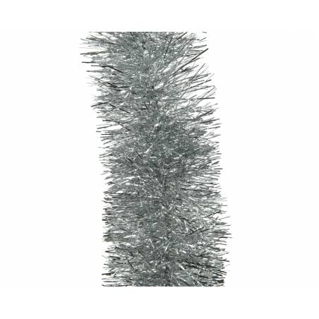 A shimmering silver tinsel strand with fine, metallic fibers. A shimmering silver tinsel strand with fine, metallic fibers.