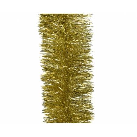 Shiny golden tinsel with thin, reflective strands, creating a festive, sparkling effect.