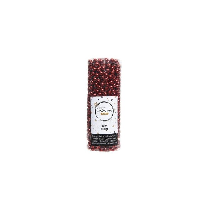 A transparent container filled with shiny red beads, measuring 10 meters long.