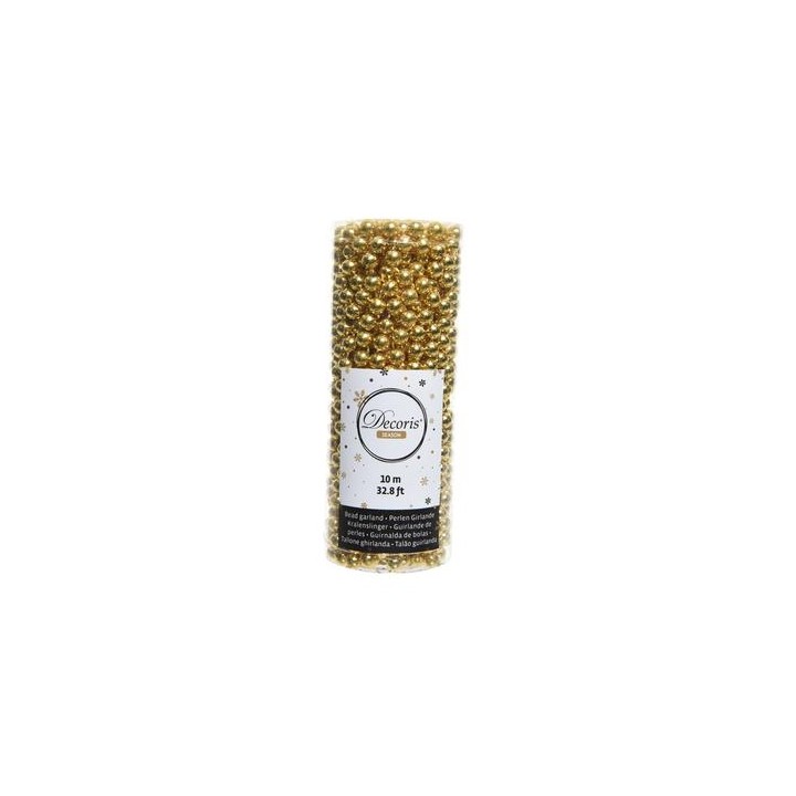 A shiny gold bead garland rolled in a clear cylindrical container.