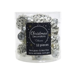 A clear container holds shiny silver glass pinecone ornaments, labeled for Christmas decor.