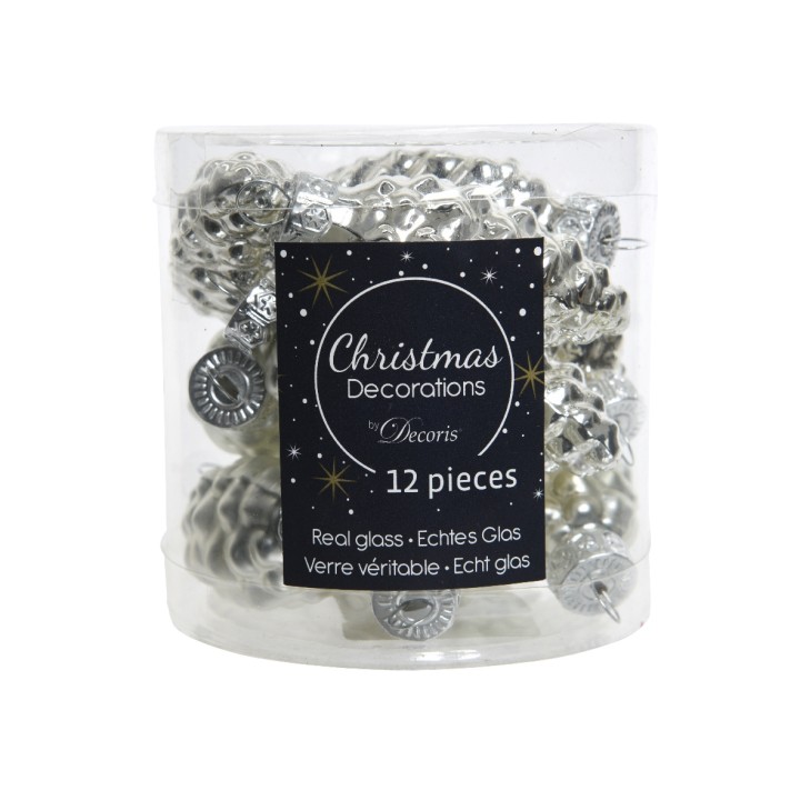 A clear container holds shiny silver glass pinecone ornaments, labeled for Christmas decor.