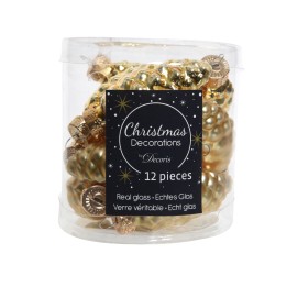 Transparante verpakking met 12 gouden kerstballen van glas, glanzend en feestelijk versierd.