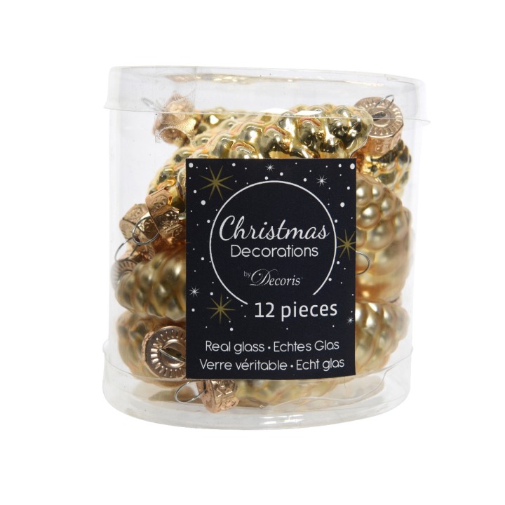 A clear container filled with shiny gold Christmas ornaments, labeled and festive.