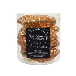 A clear container holds 12 shiny, copper-colored glass Christmas ornaments shaped like pinecones.
