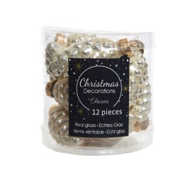 Transparante verpakking met 12 glazen kerstdecoraties in de vorm van dennenappels, zilver en goud.