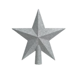 Étoile argentée à cinq branches, brillante et géométrique, idéale pour décorer un sapin.