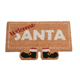 Deurmat in natuurlijke tinten met "Welcome Santa" en schattige botjes onderaan.