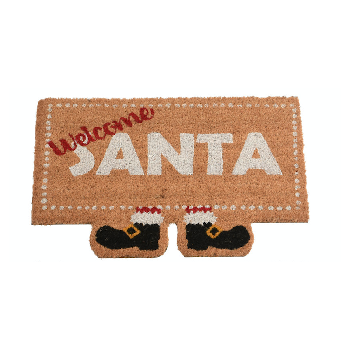 A festive doormat with "Welcome Santa" in white and red, featuring black boot designs.