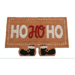 A festive doormat with "HO HO HO" and Santa boots, in warm earthy tones.