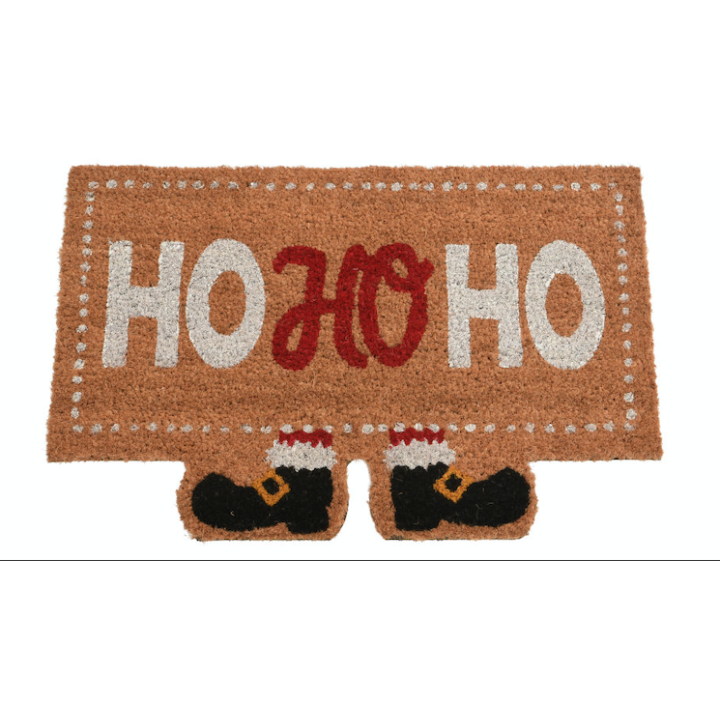 A festive doormat with "HO HO HO" and Santa boots, in warm earthy tones.