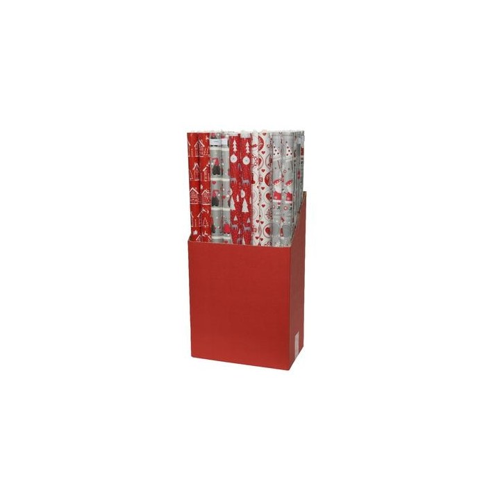A red box filled with colorful holiday-themed wrapping paper rolls.