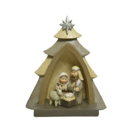 A simple, whimsical nativity scene inside a tree-shaped structure.