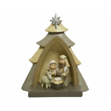 Scène de crèche en bois avec personnages, étoile, et animaux, dans des tons doux et naturels.