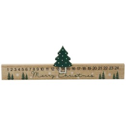 A wooden Christmas countdown calendar with a green tree and festive decorations.