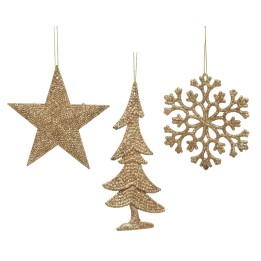 Three glittering gold ornaments: a star, a tree, and a snowflake, each with intricate textures.