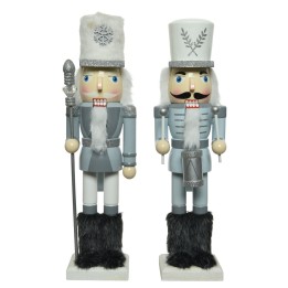 Deux soldats en bois décoratifs, l'un gris et l'autre blanc, avec des détails scintillants.