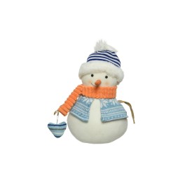 Schattige sneeuwman met een blauwe hoed, oranje sjaal en een hartje in de hand.