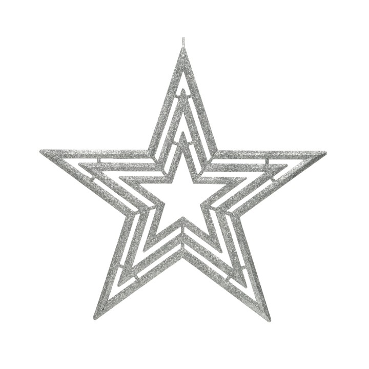 Gelaagde, glinsterende zilveren ster met geometrische vormen, hangend en feestelijk.