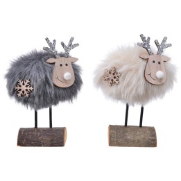 Rennes en peluche aux couleurs douces, sur socles en bois, décorés de flocons.