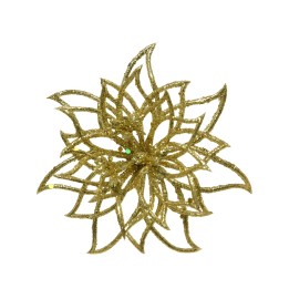 Gouden, glinsterende ster met ingewikkelde, bloemachtige vormen en sprankelende details.