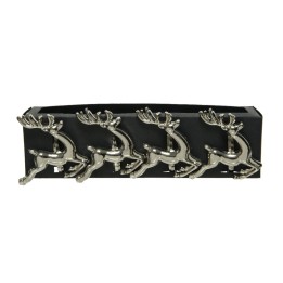 A sleek black wall hook with four shiny reindeer figurines as hooks.