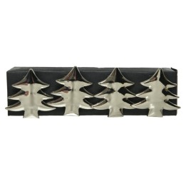 Four shiny metal Christmas trees arranged on a sleek black base.