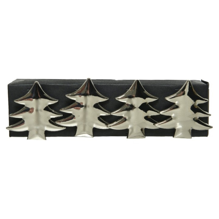 Four shiny metal Christmas trees arranged on a sleek black base.